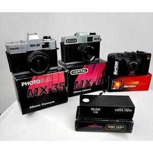 4 VNTG Cameras 1/35mm MX 35 1/Capital 35mm 1/Horizon 35mm 1/Vista View 110 Boxes